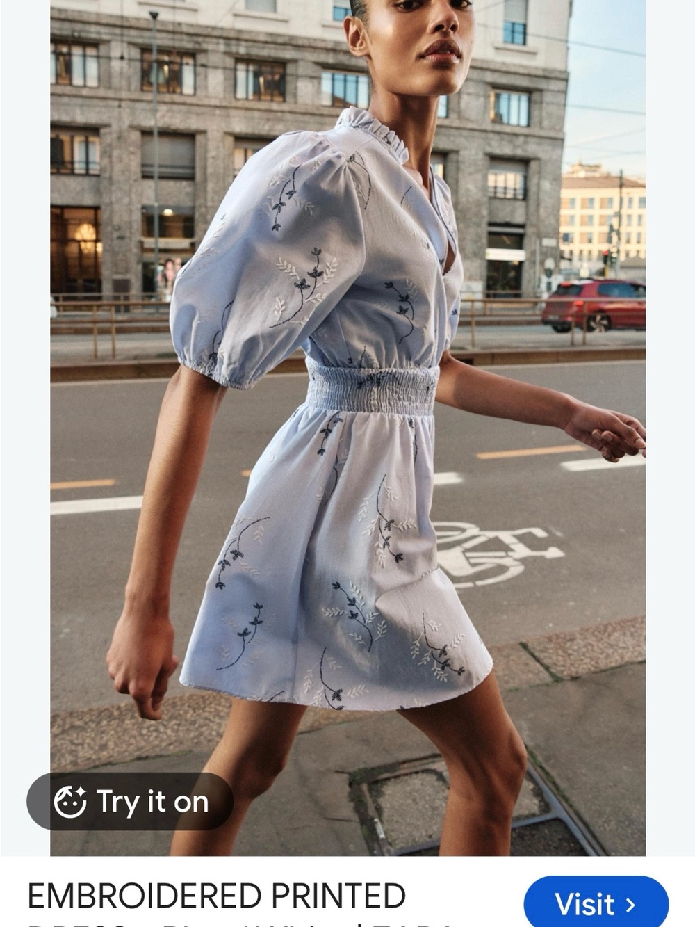 Zara XL Blue White Embroidered Puff Sleeve Mini Dress